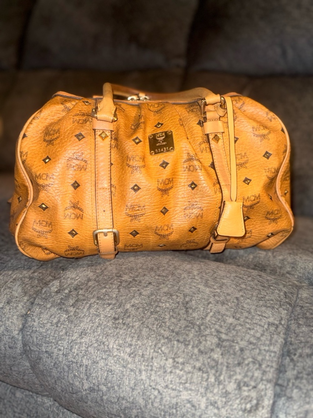 MCM Cognac Visetos Duffel Bag with Monogram Print